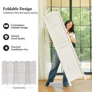 Room Dividers, 5.75Ft Individual Privacy Screens Foldable Wooden Louver & MDF Stable Wall Divider for Home Office Bedroom, 6 Panels (White-Washed)