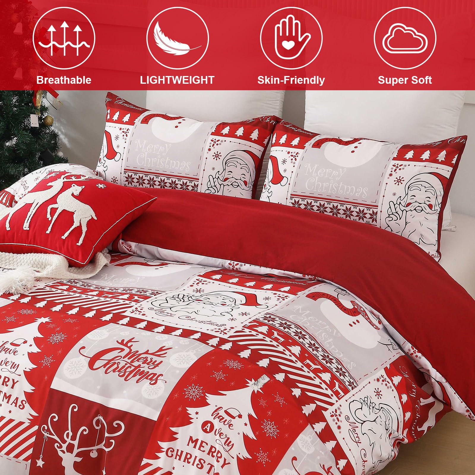 Dintszyayue Christmas Duvet Cover Set Queen,3 Pieces Holiday Reindeer Pattern Comforter Cover with Zipper Closure,Reversible Lightweight Patchwork Bedding Set with 2 Pillow Shams 90"x90"