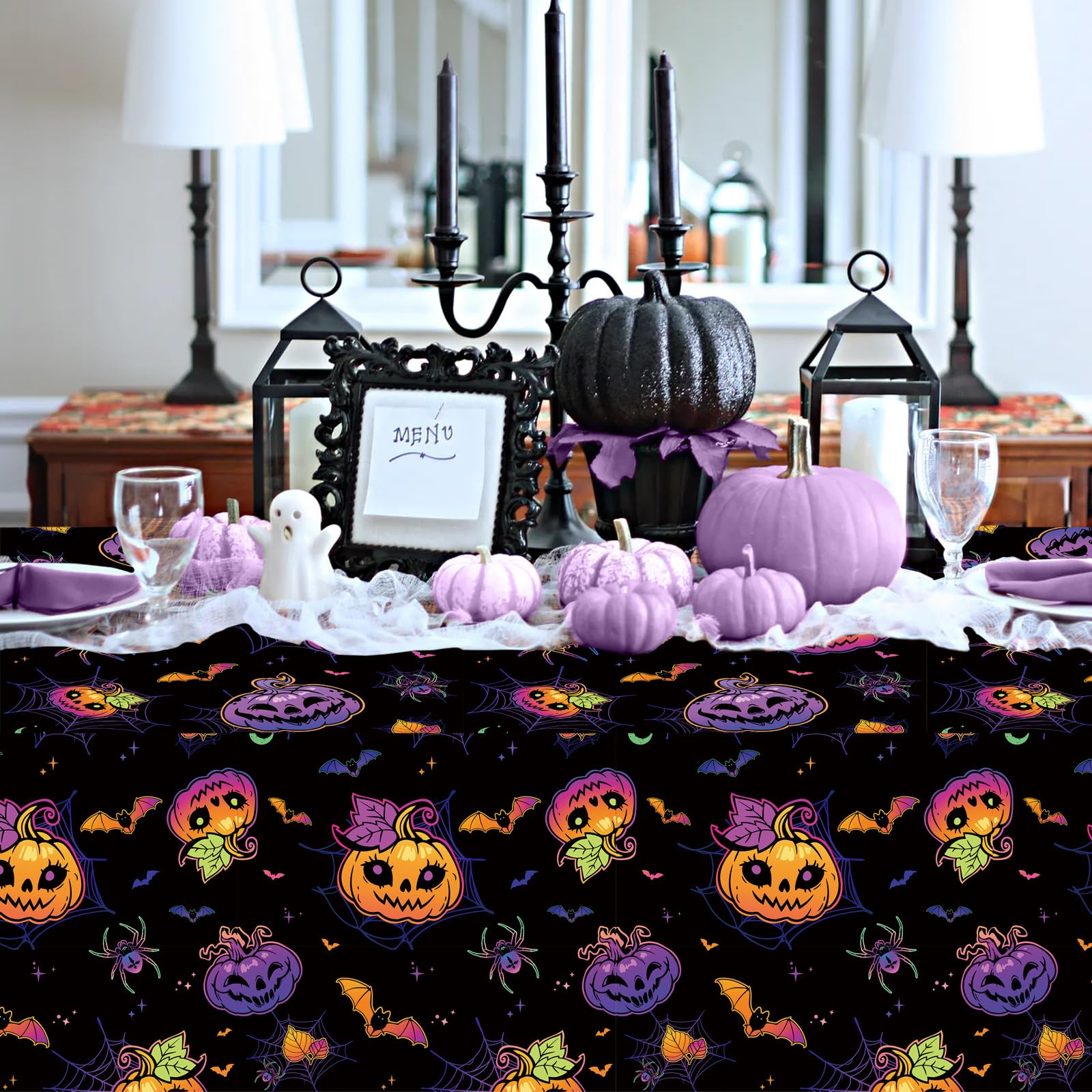 MEHOFOND 3 Pack Halloween Tablecloths, Disposable Plastic Spiderweb Table Covers with Cute Pumpkin Bat Happy Halloween Party Supplies for Kids Halloween Party, 54 x 108 Inch