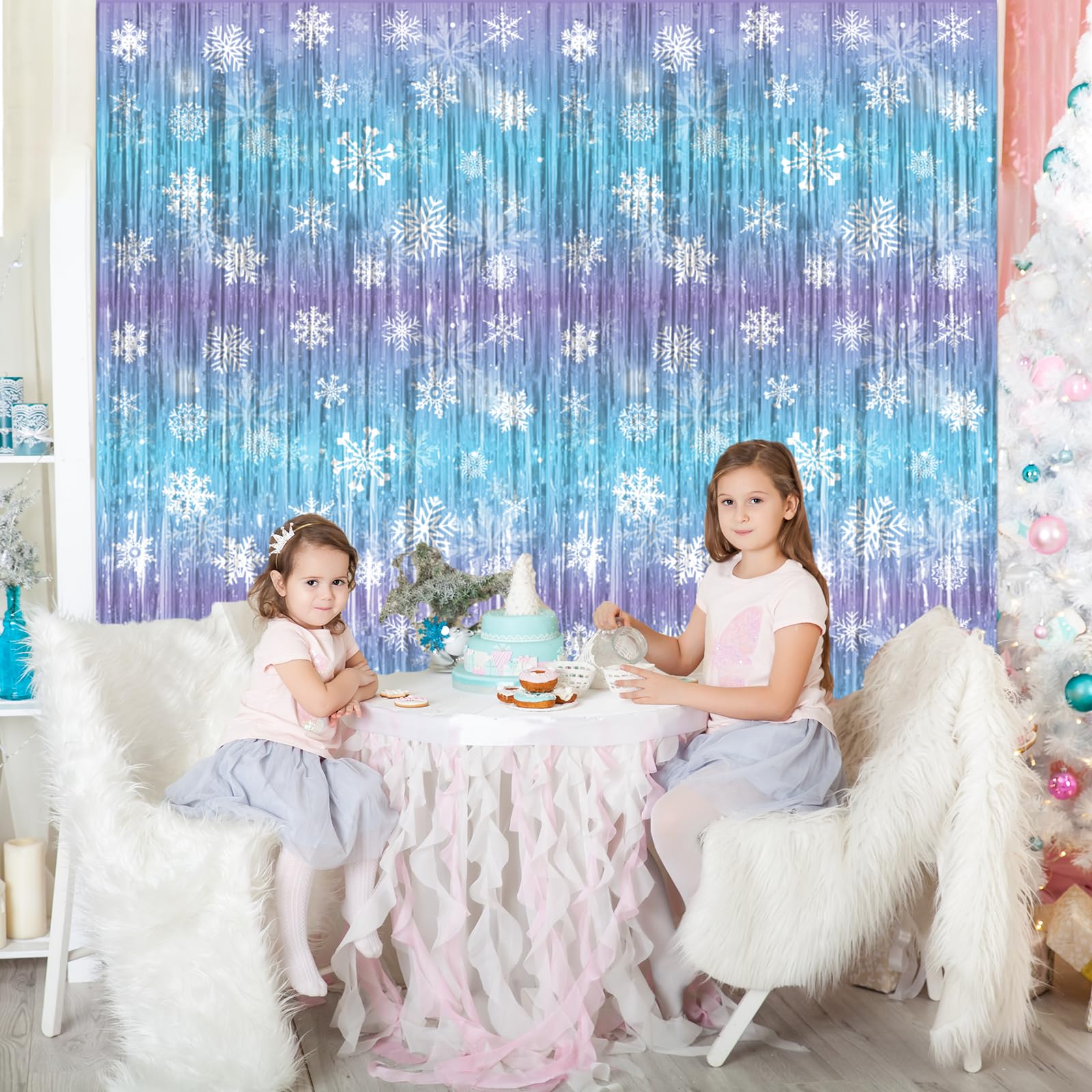 Frozen Party Decorations, 2Pack Frozen Snowflake 3.3x6.6ft Tinsel Foil Fringe Curtains Winter Photo Booth Prop Backdrops, Frozen Decorations for Birthday Snowflake Fringe Curtains for Frozen Party