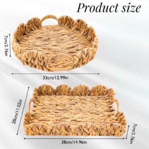 Scalloped Wicker Tray 2-Pack Woven Rattan Baskets with Handle Natural Water Hyacinth Wicker Tray Shelf Decorative Round and Square Wicker Storage Baskets for Bathroom Living Room Organizer