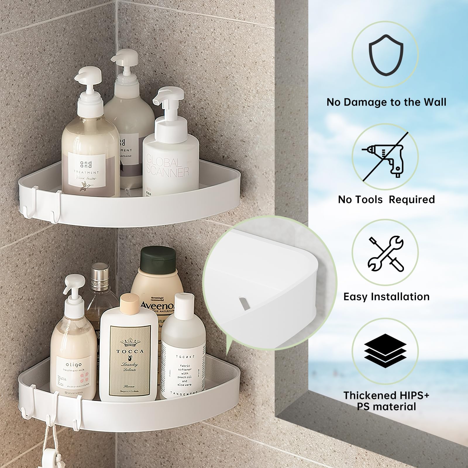 PAVSTINE 2 Pack Corner Shower Caddy, Adhesive Shower Organizers, Rustproof Plastic Shower Shelves with 4 Hooks, No Drilling Bathroom,Kitchen,Dorm Organizers and Storage Racks, Space-Saving, White