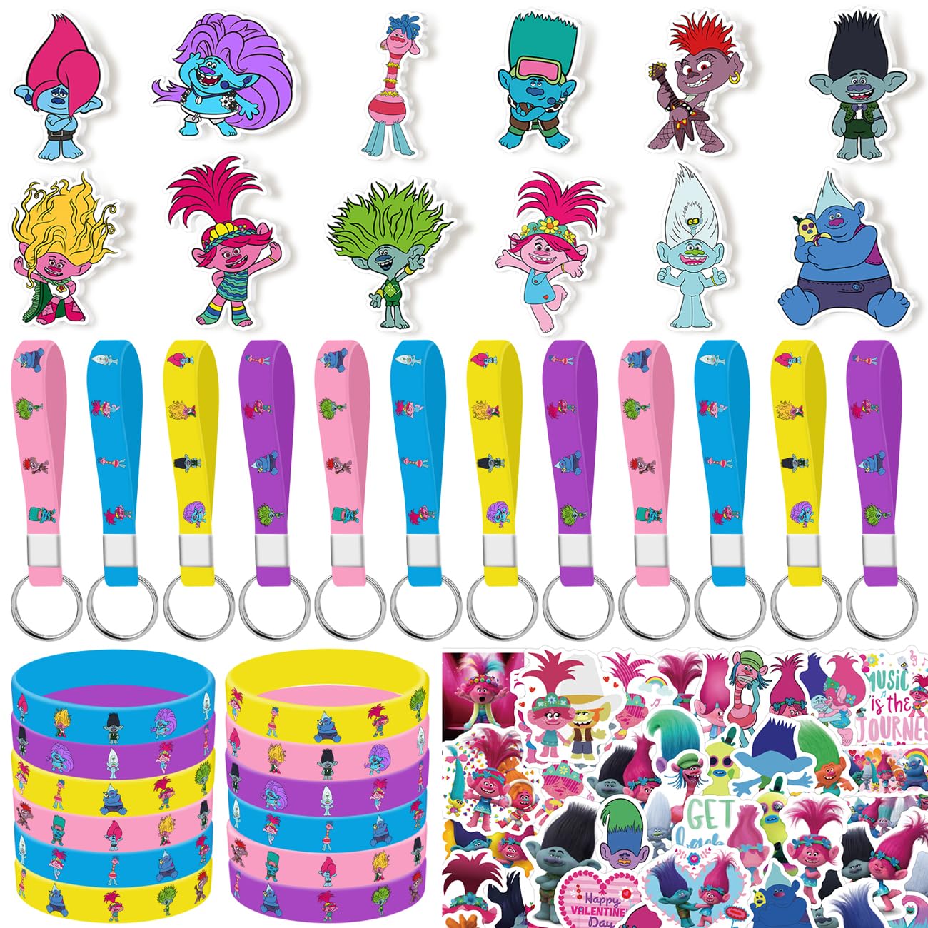 Trolls Birthday Party Supplies, 86PCS Party Favors Set Include 12 Bracelets, 12 Pins, 12 Keychains, 50 Stickers for Trolls Theme Party Gifts