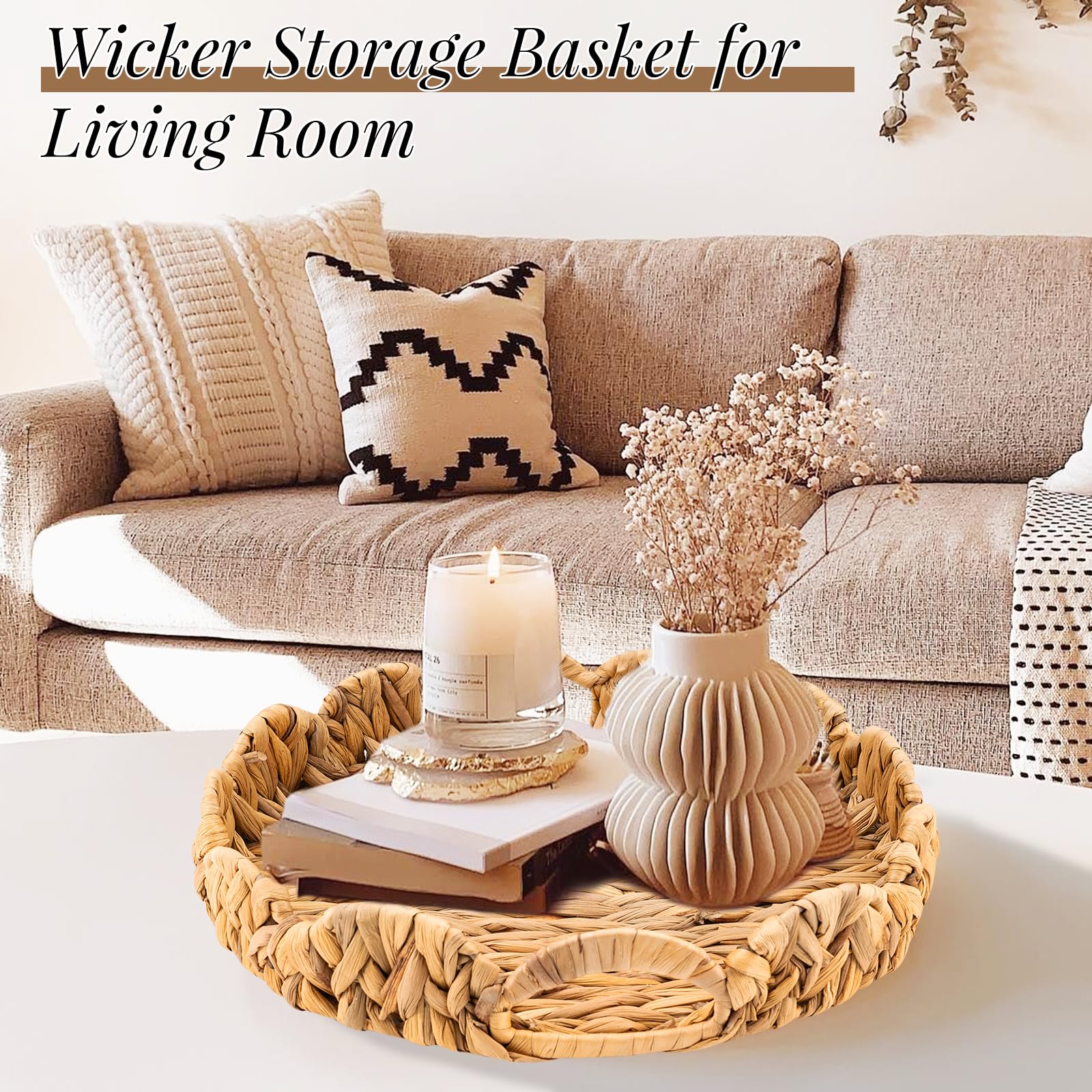 Scalloped Wicker Tray 2-Pack Woven Rattan Baskets with Handle Natural Water Hyacinth Wicker Tray Shelf Decorative Round and Square Wicker Storage Baskets for Bathroom Living Room Organizer