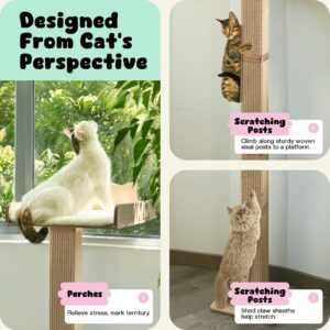 Cat Window Perch with Scratching Post, Cat Hammock for Window with 2 Suction Cups, Sisal Tall Cat Scratching Post with Large Perch, Cat Window Bed with Fuffy Cushion, Jute