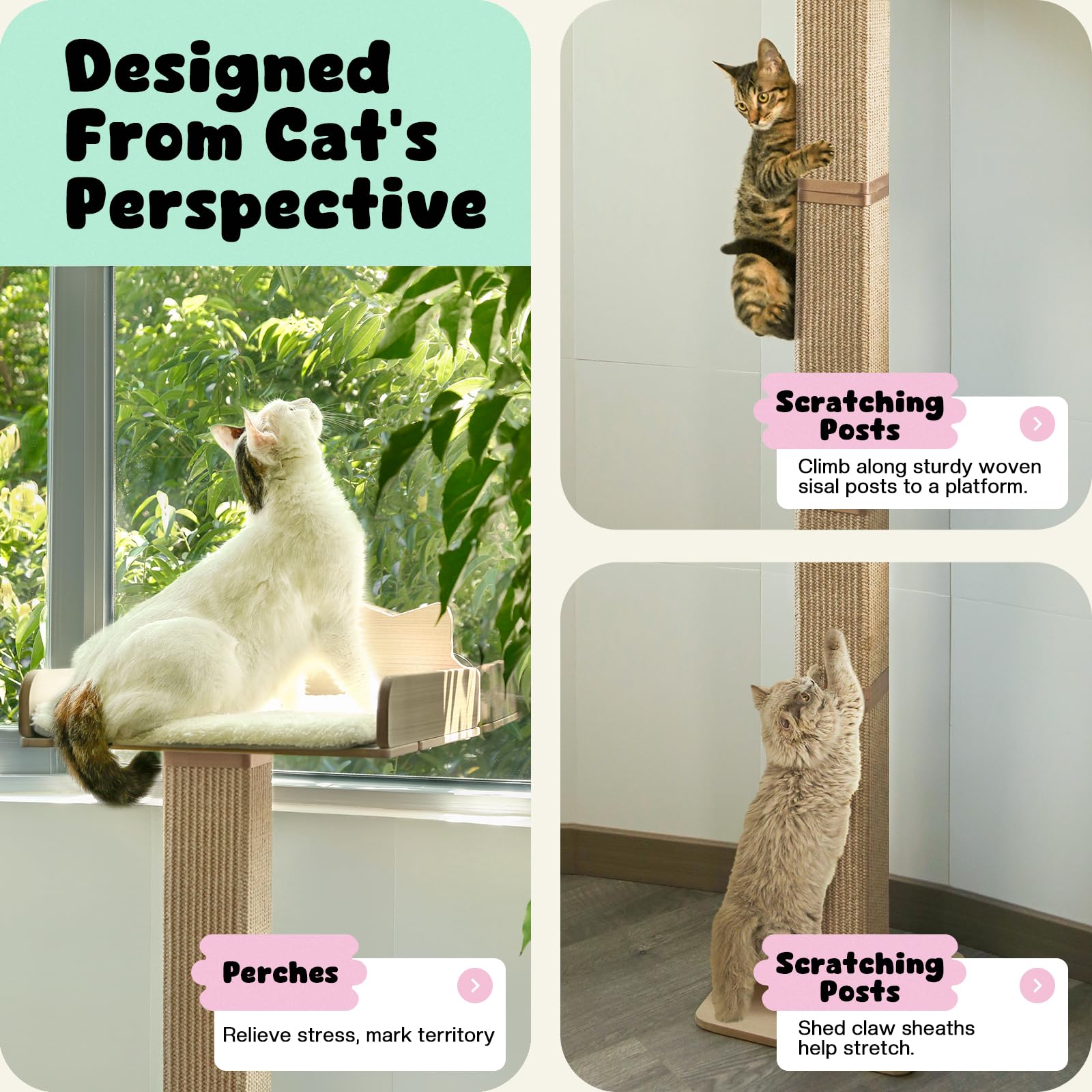 Cat Window Perch with Scratching Post, Cat Hammock for Window with 2 Suction Cups, Sisal Tall Cat Scratching Post with Large Perch, Cat Window Bed with Fuffy Cushion, Jute