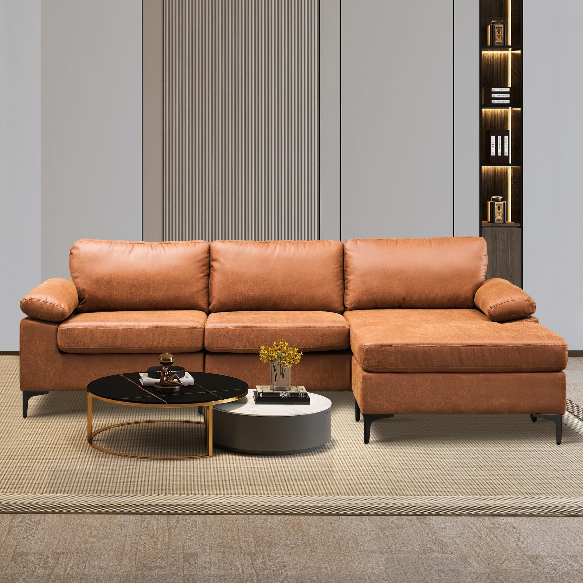 ovios 97.6" L Shaped Sectional Sofa with Reversible Chaise, 3 Seat Comfy Suede Leather Couch with Convertible Chaise, Modern Mid-Century Sofa for Living Room, Brown