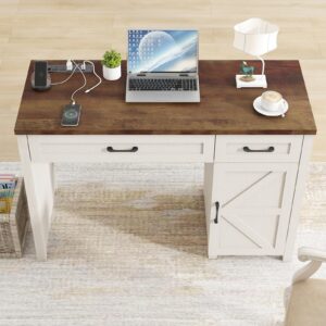 Farmhouse 47" Executive Desk, Computer Desk with Drawers and Storage Cabinet, Workstation Computer Desk for Home Office and Study, Unique White