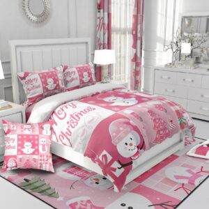 Xmas Duvet Cover Set Queen Size,Snowman Christmas Tree Snowflake Bedding Set for Kid Boys Girls Room Decor,Pink Plaid Comforter Cover 3Pcs,Merry Christmas Bedspreads Cover,2 Pillowcases(NO Comforter)