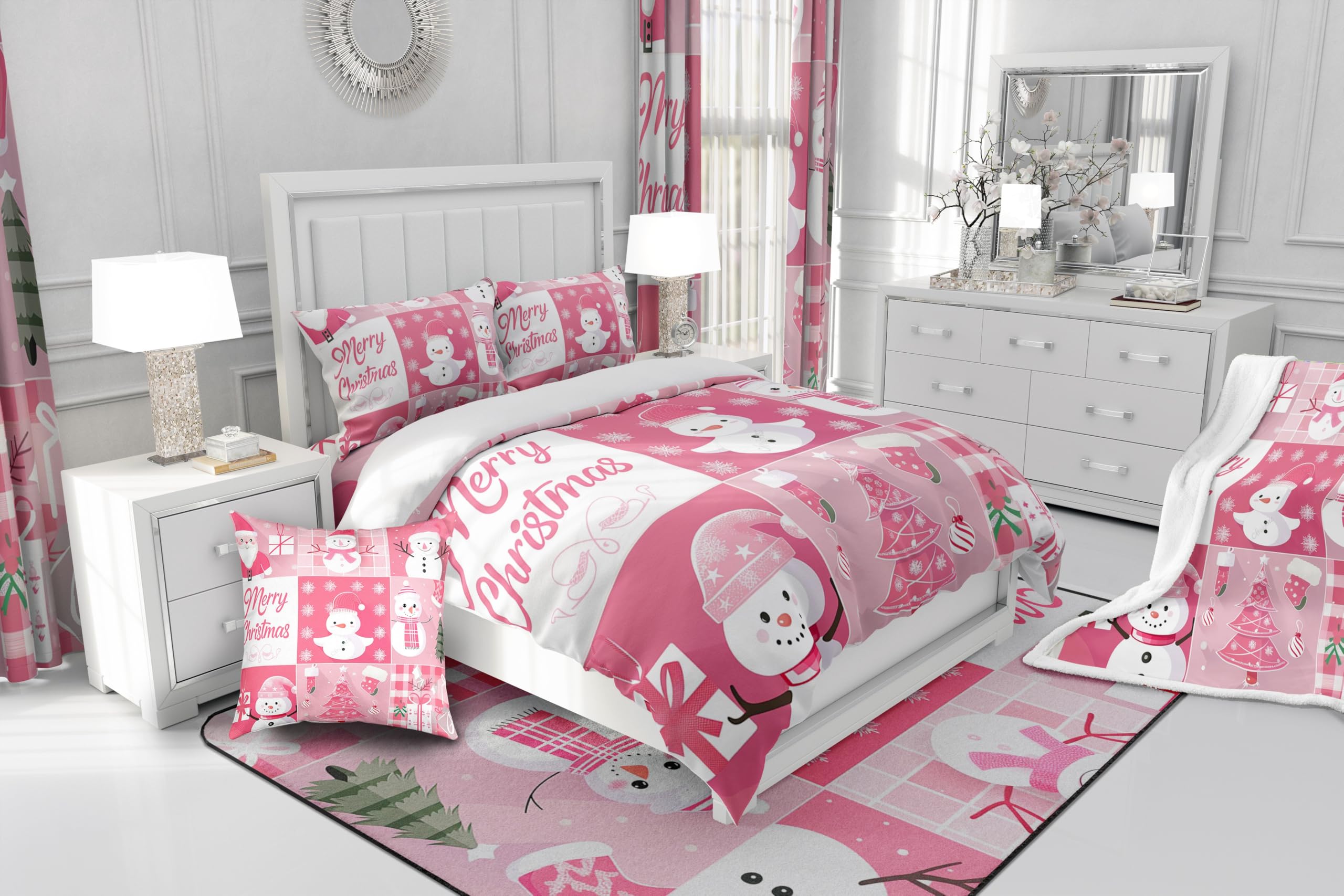 Xmas Duvet Cover Set Queen Size,Snowman Christmas Tree Snowflake Bedding Set for Kid Boys Girls Room Decor,Pink Plaid Comforter Cover 3Pcs,Merry Christmas Bedspreads Cover,2 Pillowcases(NO Comforter)