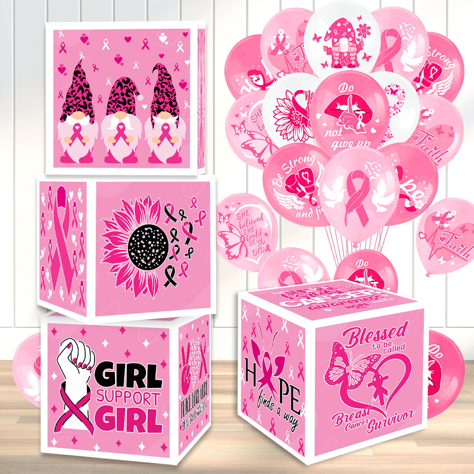 Breast Cancer Awareness Balloon Boxes Decorations - 4 Pcs Breast Cancer Awareness Party Decorations for Pink Ribbon Hope Theme Party Decorations Supplies