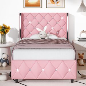 hombck twin bed frame, upholstered bed frame with diamond tufted headboard, twin bed frames for girls, cute princess bed, faux leather, wooden slats support, no box spring needed, pink