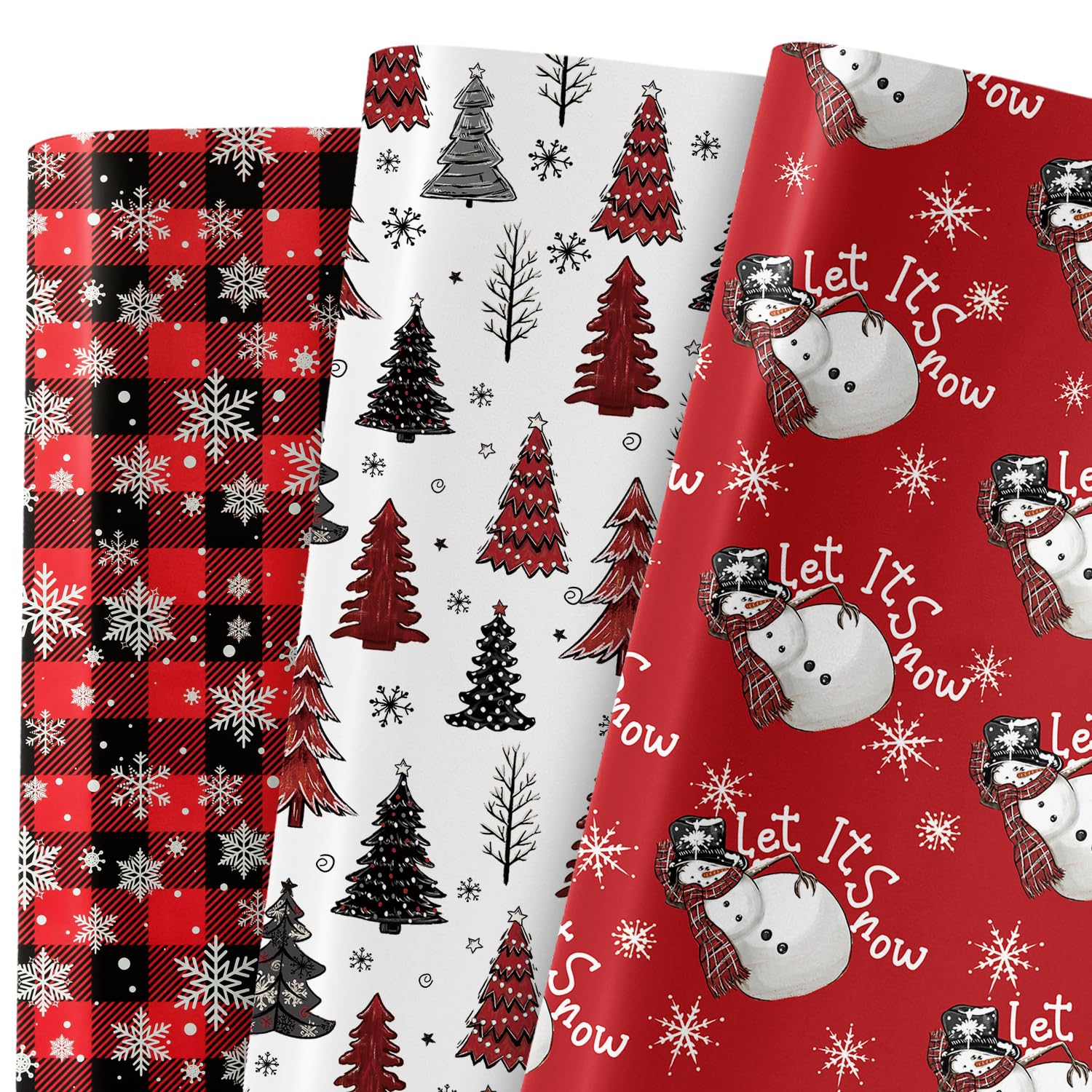 Horaldaily 17 x 120 Inch Christmas Wrapping Paper(3 Rolls: 42.5 sq. ft. ttl.), Red Buffalo Plaid Christmas Trees Snowman Snow Disposable Wrapping Paper for Party DIY Crafts Gift Decor