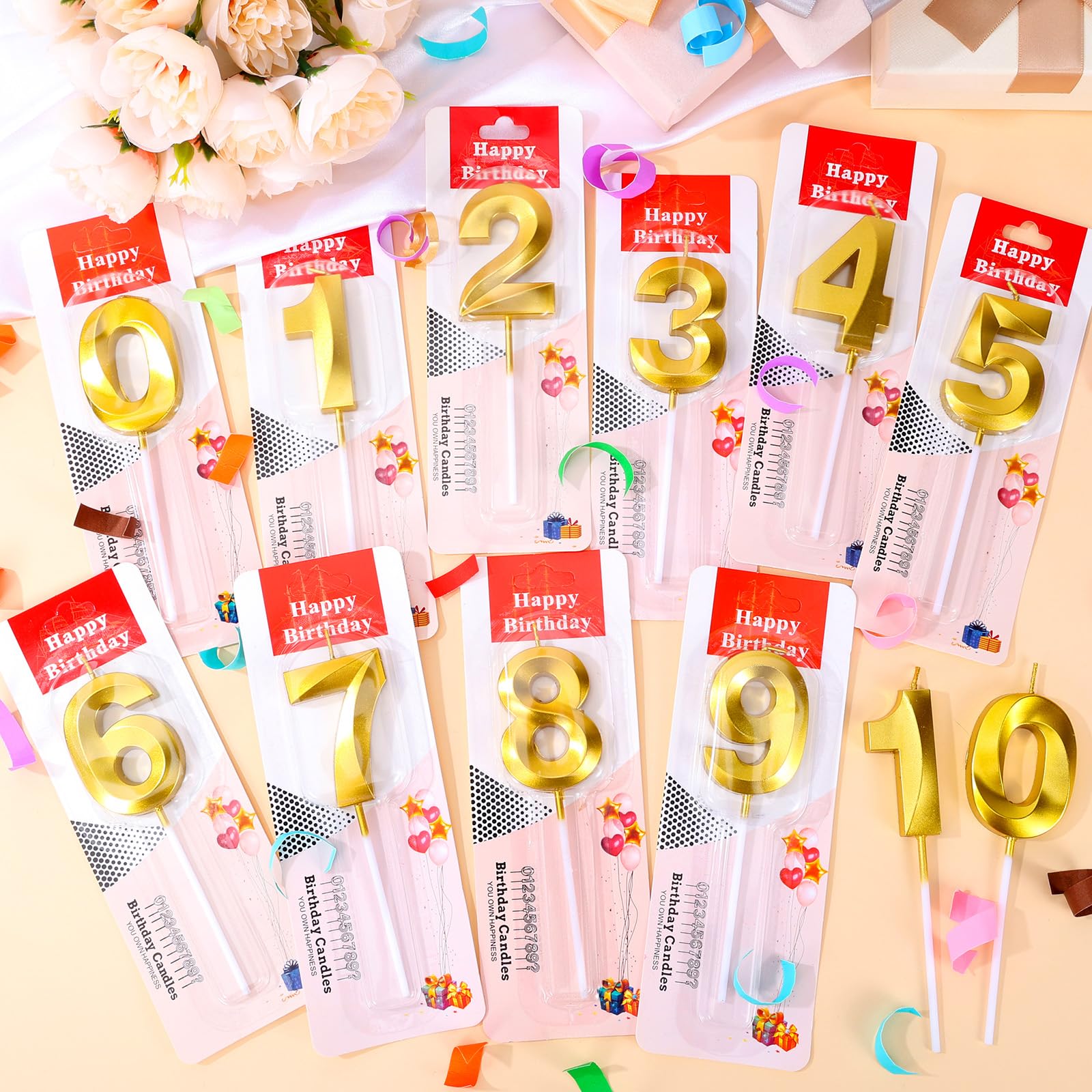 18 PCS Gold Birthday Number Candles Diamond Shape Number 0-9 Cake Tropper Decoration Wedding Ten-Year Milestone Anniversary Happy Birthday Party Celebration