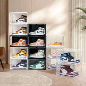 12 Pack Clear Shoe Boxes Stackable,Large Shoe Storage Organizer with Magnetic Door,Drop Side Shoe Containers for Entryway,Sneaker Storage Fit up to US Size 13 for Men/Women(13’’x 10.62”x 8.26”）