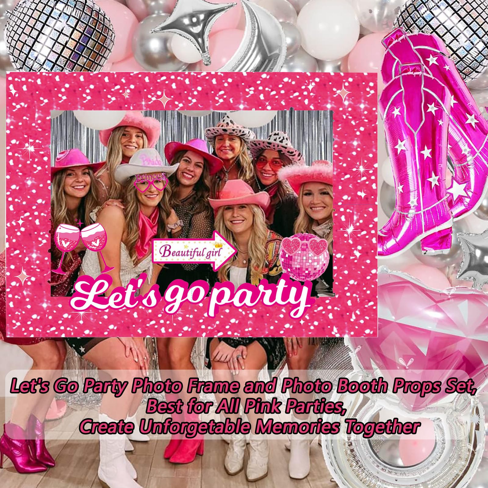 LMSHOWOWO 30PCS Funny Hot Pink Girls Princess Photo Booth Props, Let's Go Party Princess Doll Theme Photo Booth Frame for Girls Birthday Party Decorations Bachelorette Bridal Shower Party Supplies