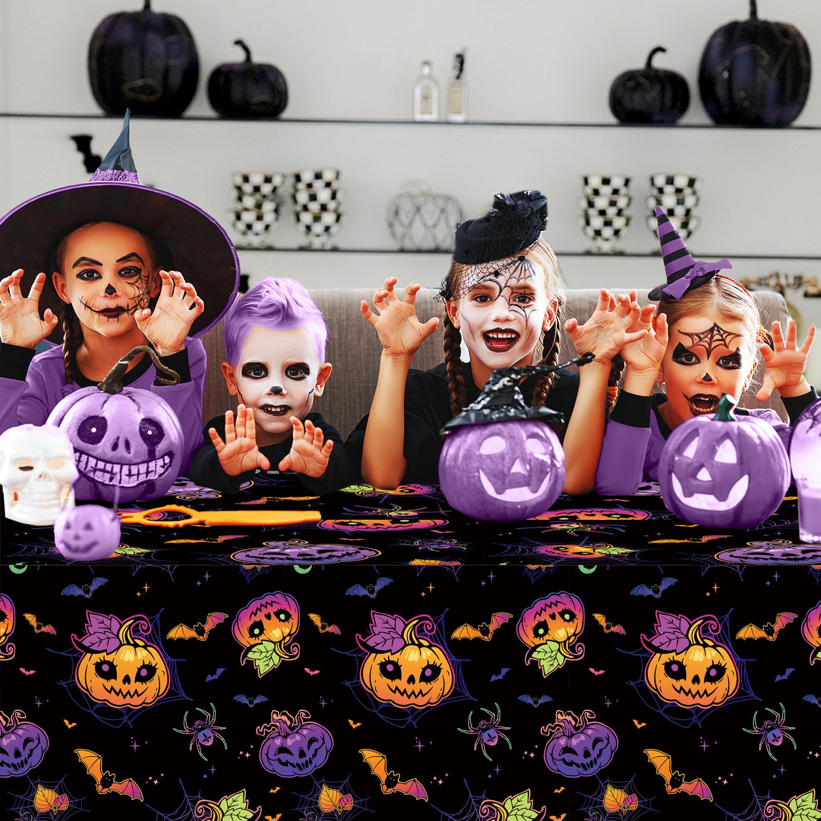 MEHOFOND 3 Pack Halloween Tablecloths, Disposable Plastic Spiderweb Table Covers with Cute Pumpkin Bat Happy Halloween Party Supplies for Kids Halloween Party, 54 x 108 Inch