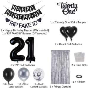 21st Birthday Decorations, Happy 21st Birthday Decorations with Happy Birthday Banner, Sliver Foil Curtains, RIP FAKE ID 21 Balloons Kit, Black Cake Topper, 21st Birthday Decorations for Him