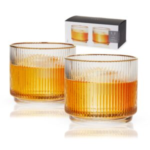 viski meridian crystal lowball tumblers, art deco whiskey glasses, crystal scotch glasses, crystal old fashioned glasses, ribbed glassware 12oz set of 2