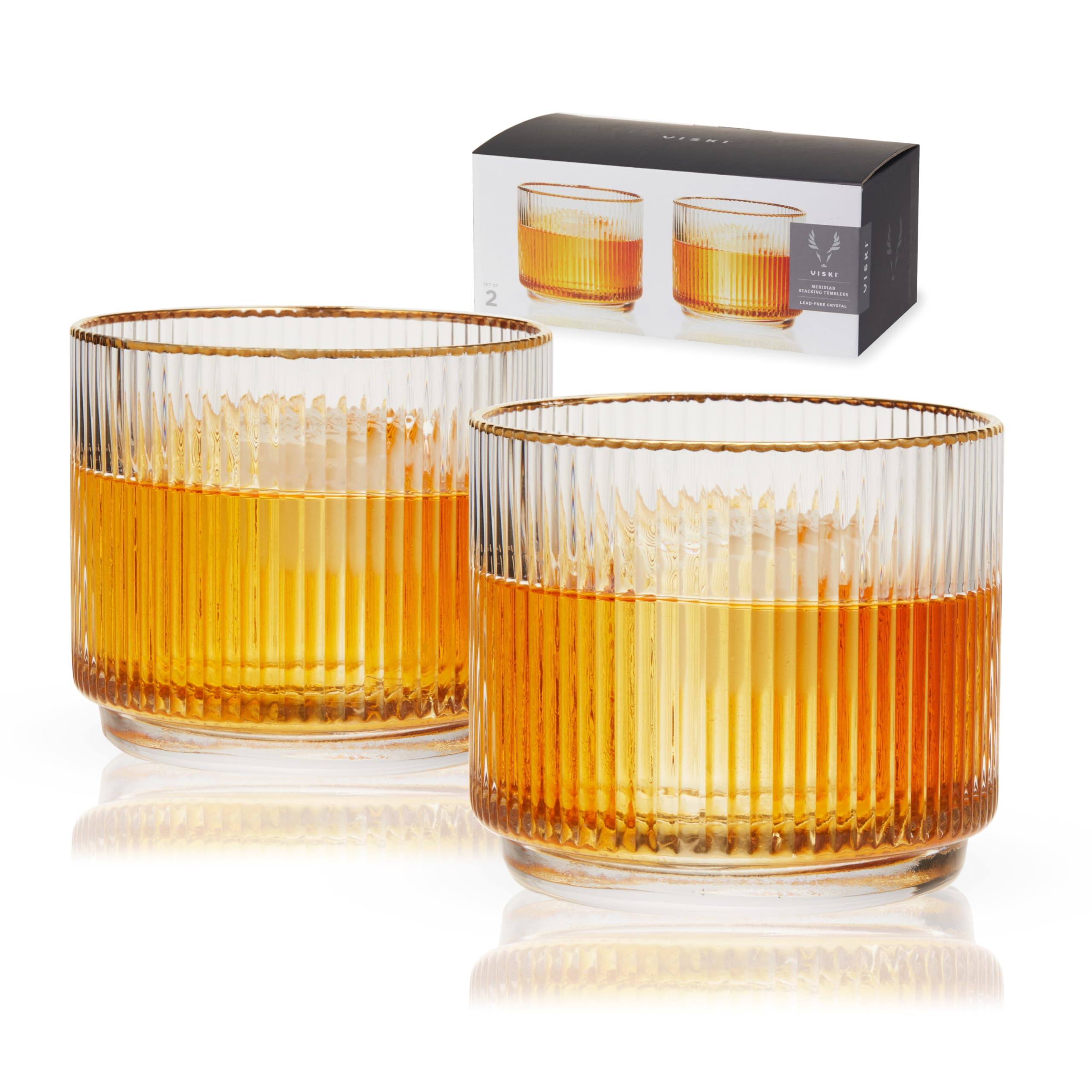 Viski Meridian Crystal Lowball Tumblers, Art Deco Whiskey Glasses, Crystal Scotch Glasses, Crystal Old Fashioned Glasses, Ribbed Glassware 12oz Set of 2