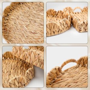 Scalloped Wicker Tray 2-Pack Woven Rattan Baskets with Handle Natural Water Hyacinth Wicker Tray Shelf Decorative Round and Square Wicker Storage Baskets for Bathroom Living Room Organizer