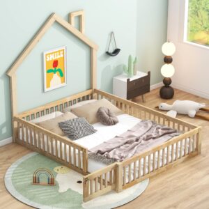 Merax Montessori Floor Bed with Fence and Door for Toddlers, Girls, Boys Pine Wood Bedframe Safety Guardrails for Children's Room, House-Shaped Headboard Kids Playroom, Full Size with Slats, Natural