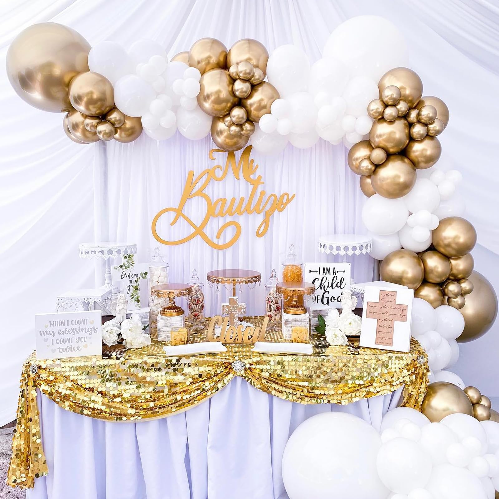 PNSFNE White and Gold Balloon Garland Arch Kit with Long Balloons, 5 10 12 18 inch Matte White Metallic Gold Confetti balloons for Wedding Engagements Birthday Graduation Anniversary Party Decorations