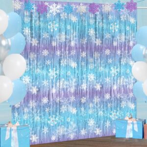 frozen party decorations, 2pack frozen snowflake 3.3x6.6ft tinsel foil fringe curtains winter photo booth prop backdrops, frozen decorations for birthday snowflake fringe curtains for frozen party