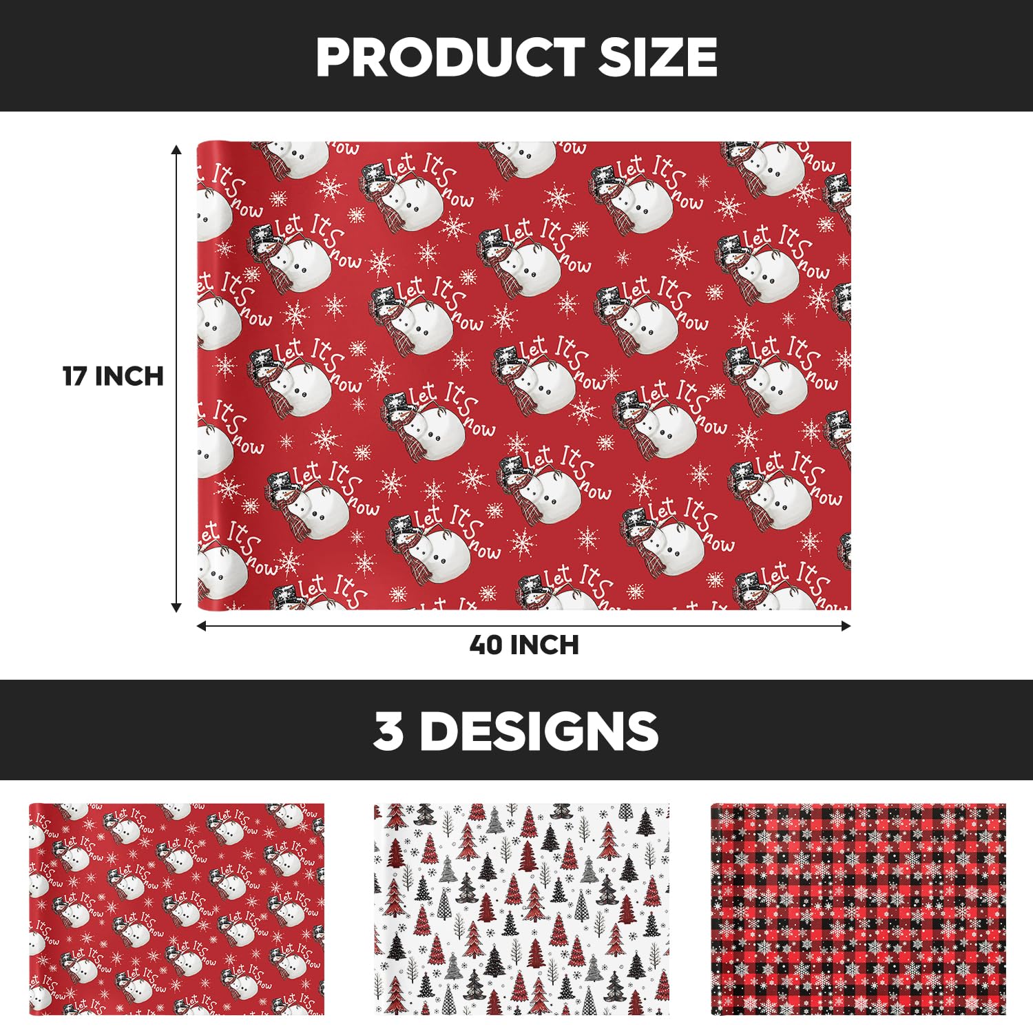 Horaldaily 17 x 120 Inch Christmas Wrapping Paper(3 Rolls: 42.5 sq. ft. ttl.), Red Buffalo Plaid Christmas Trees Snowman Snow Disposable Wrapping Paper for Party DIY Crafts Gift Decor