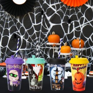 FZR Legend 24 Pack Halloween Party Favors Goodie Cups, Bats Ghost Cats Pumpkin Witch Spider Party Plastic Cups with 4 Patterns, 16OZ Reusable Halloween Party Decorations Supplies Cups with Lids Plugs