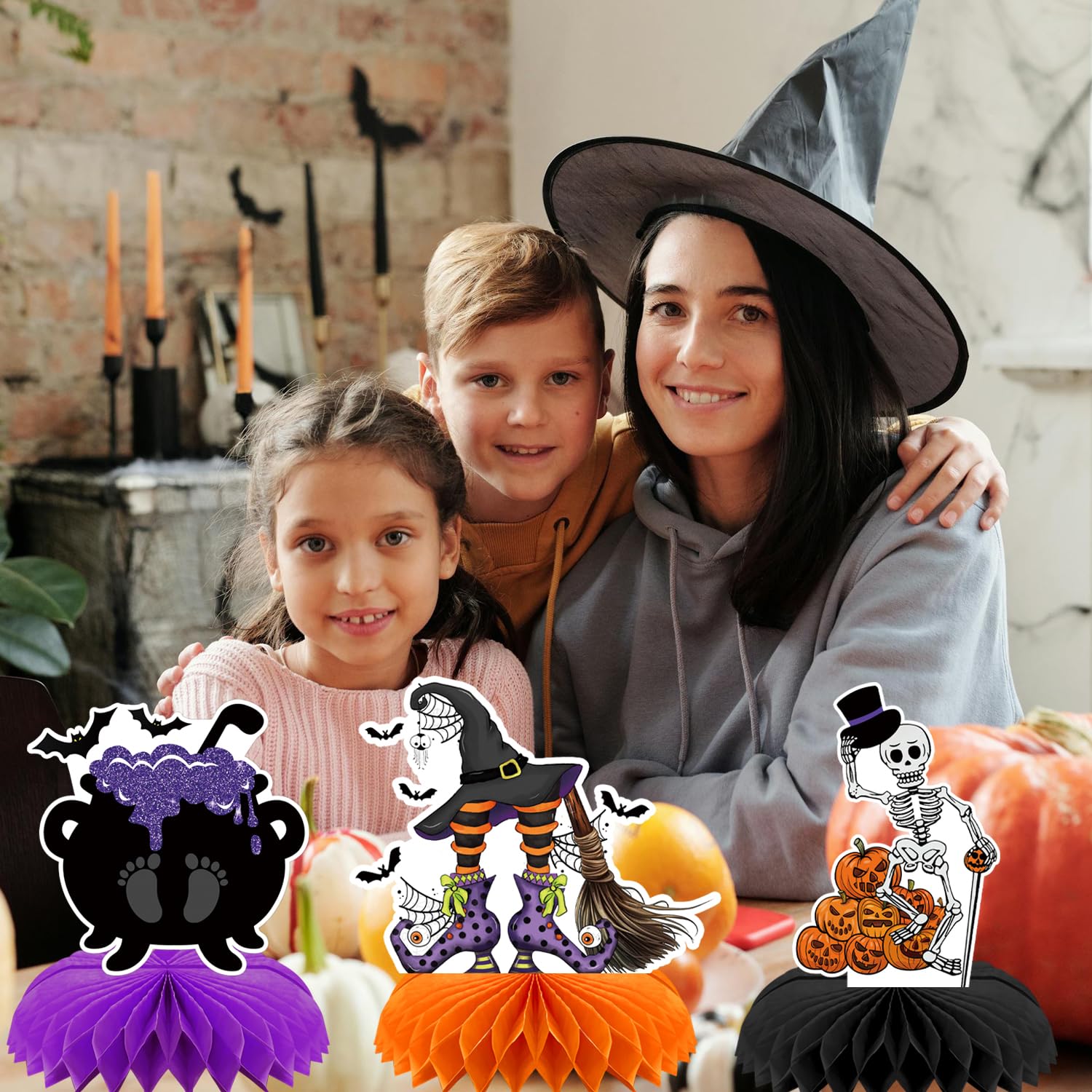 9pcs Halloween Decorations Honeycomb Centerpieces - Halloween Table Decorations for Halloween Parties, Spooky Theme Designs with Witches, Pumpkins, Ghosts, and Skeletons