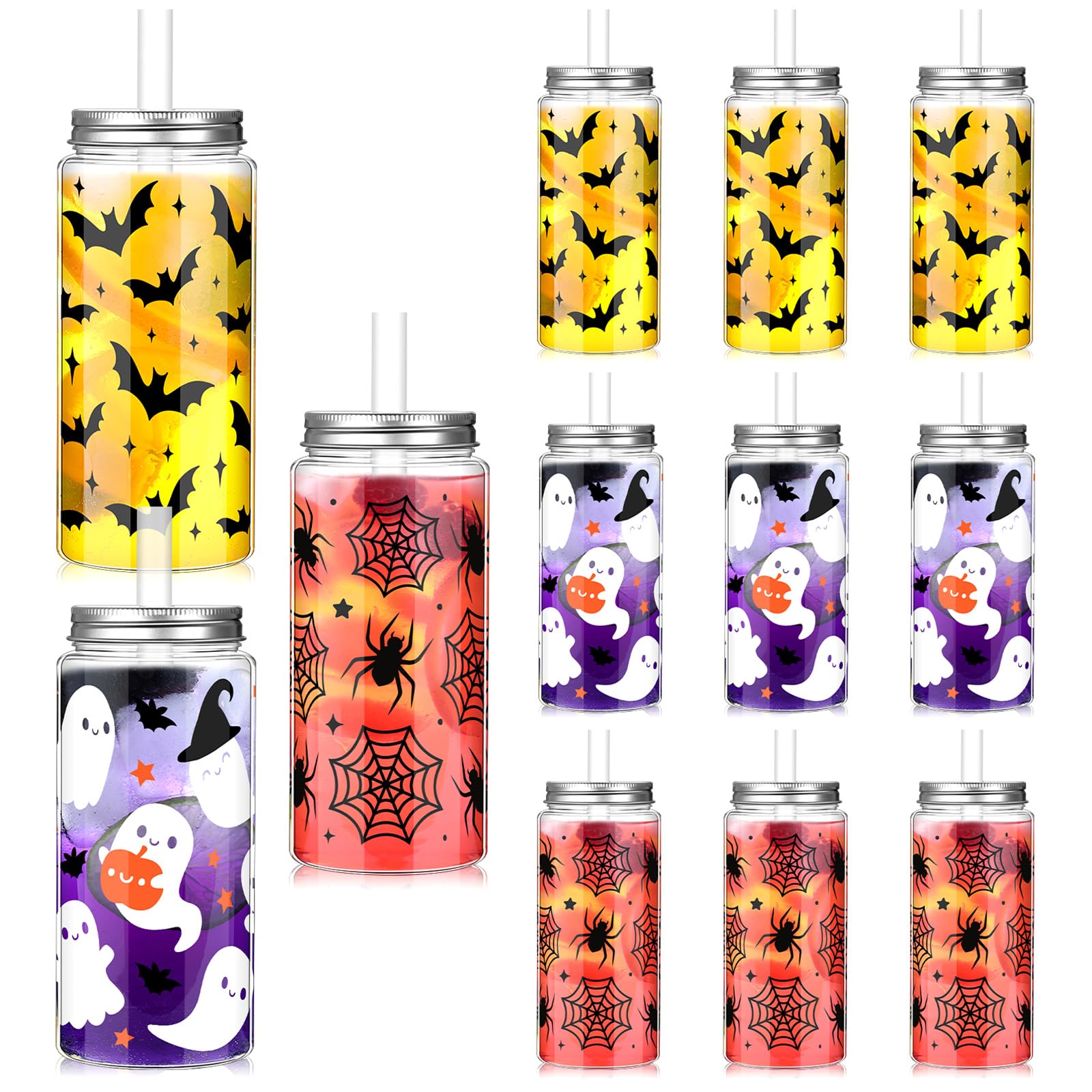 Teenyyou 12 Sets Halloween Cup Gifts 14.2 oz Ghost Pumpkin Plastic Cup Tumblers with Lid Straw and Bow Reusable Coffee Mug Coffee Cup for Halloween Kitchen Party Supplies(Simple Style)