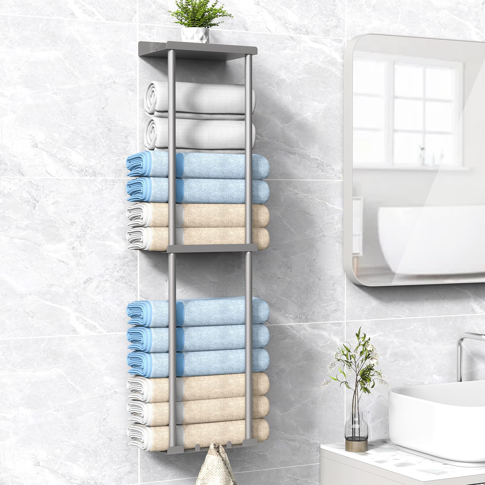 Liuoud Towel Rack For Bathroom, Wall Mounted Bath Towel Holder Storage Organizer For Rolled Towels, Vertical Towel Rack With Shelf Can Holds Up 6 Large Bath Towel, Silver Grey