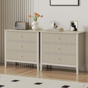 royalcraft 3 drawer dresser set of 2, fluted chest of drawers with storage, modern painted 30 inch tall nightstand for bedroom living room entryway, beige