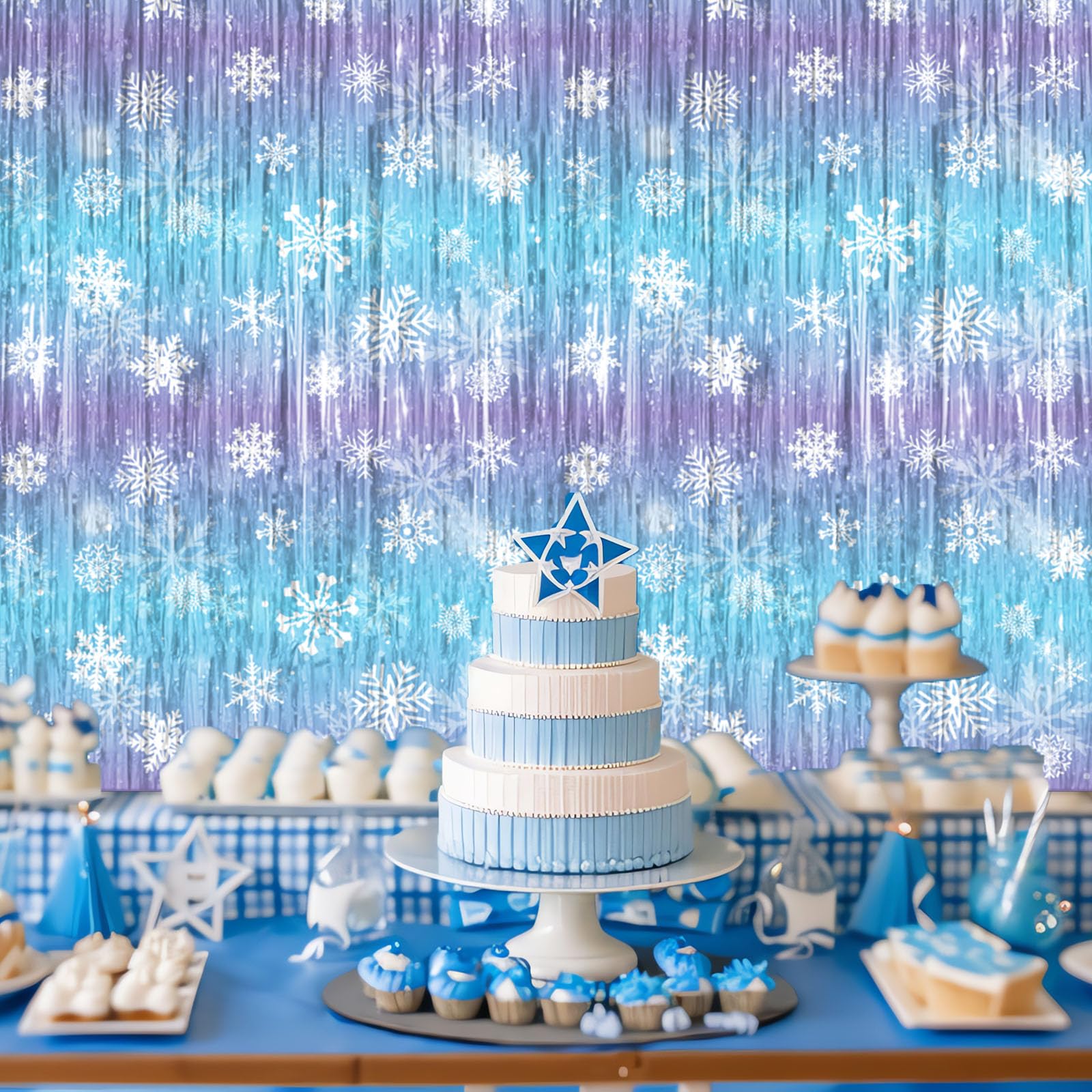 Frozen Party Decorations, 2Pack Frozen Snowflake 3.3x6.6ft Tinsel Foil Fringe Curtains Winter Photo Booth Prop Backdrops, Frozen Decorations for Birthday Snowflake Fringe Curtains for Frozen Party