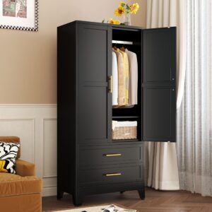 metal wardrobe closet with 2 doors & 2 drawers, 71" tall armoire wardrobe closet with hanging rods and adjustable shelf, steel wardrobe storage cabinet for bedroom-black