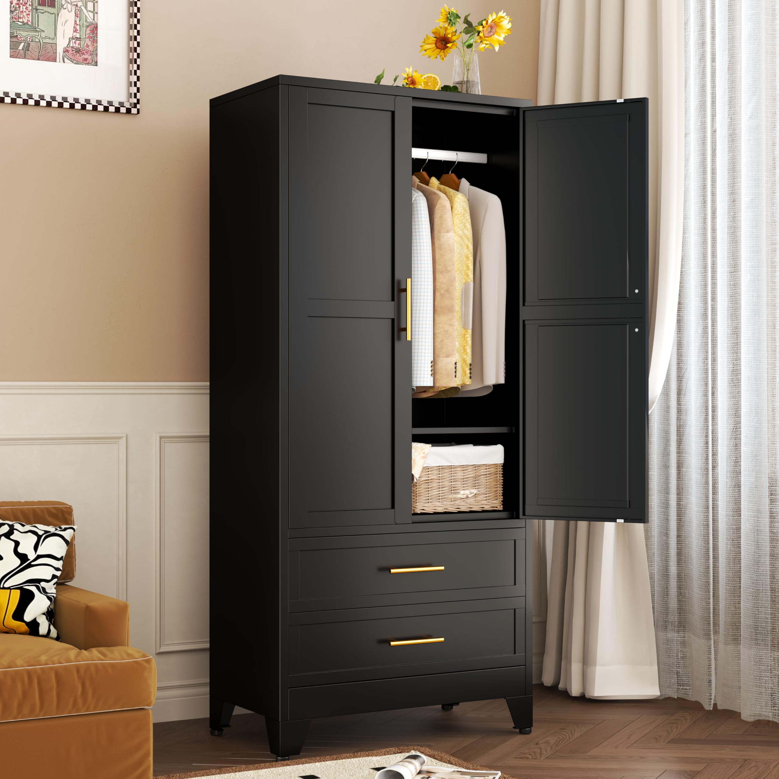 Metal Wardrobe Closet with 2 Doors & 2 Drawers, 71" Tall Armoire Wardrobe Closet with Hanging Rods and Adjustable Shelf, Steel Wardrobe Storage Cabinet for Bedroom-Black