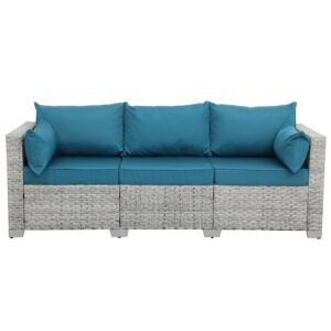 WAROOM Outdoor Couch 3 Seater Wicker Patio Sofa Grey Rattan Deep Seat Balcony Furniture Porch Seating with Peacock Blue Cushion