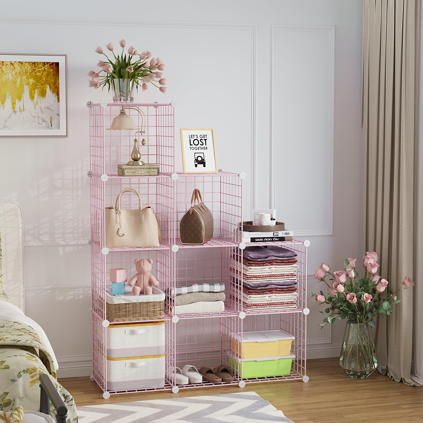 C&AHOME Wire Cube Storage, 9 - Cube Organizer Metal C Grids, Modular Shelves Units, Closet Organizer, Ideal for Home, Office, Living Room, 36.6”L x 12.4”W x 48.4”H, Pink UWCS3009P