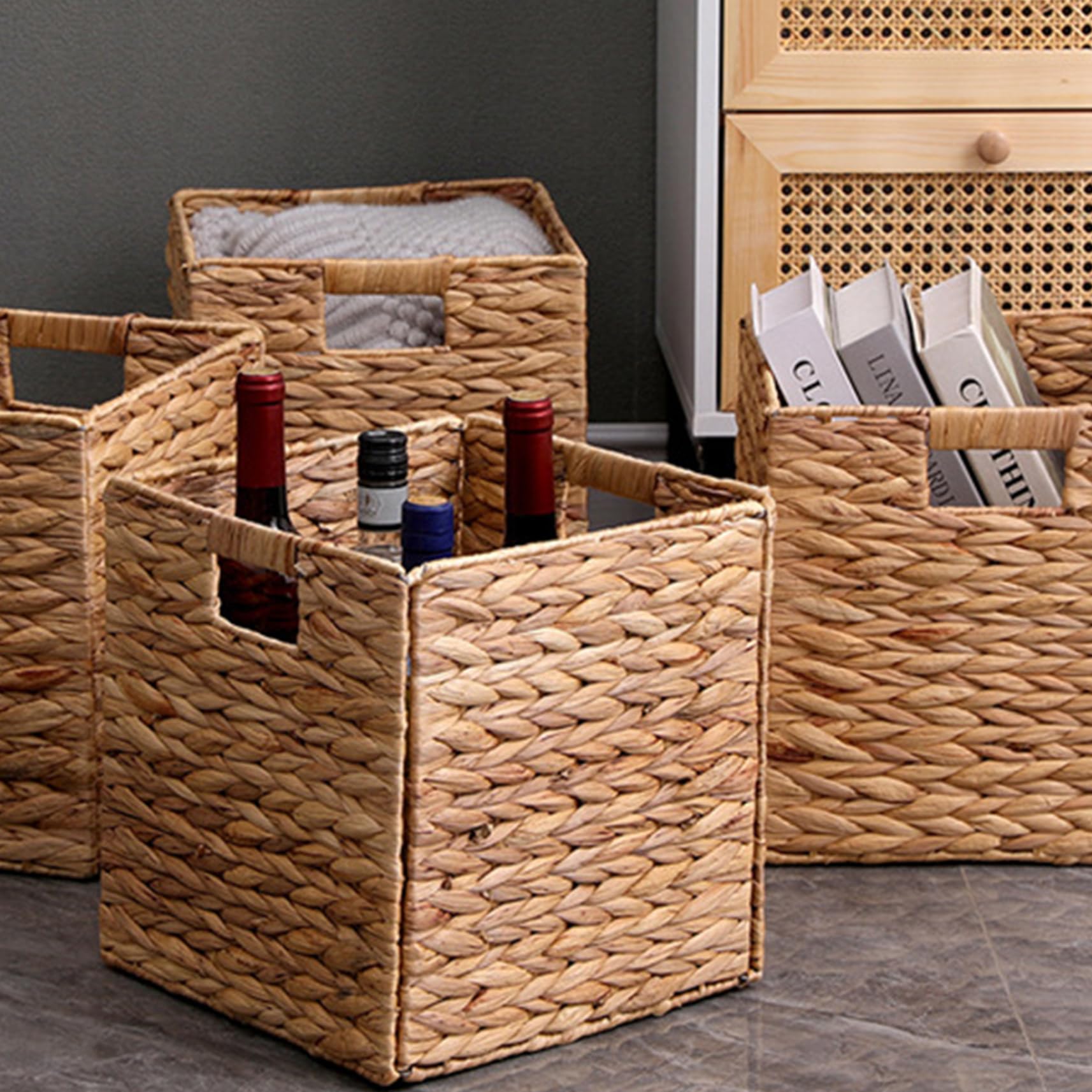 Peosaard Wicker Storage Cubes, 12x12x12 Inch Water Hyacinth Storage Baskets, Handwoven Foldable Square Baskets with Handle, Wicker Cube Baskets for Organizing