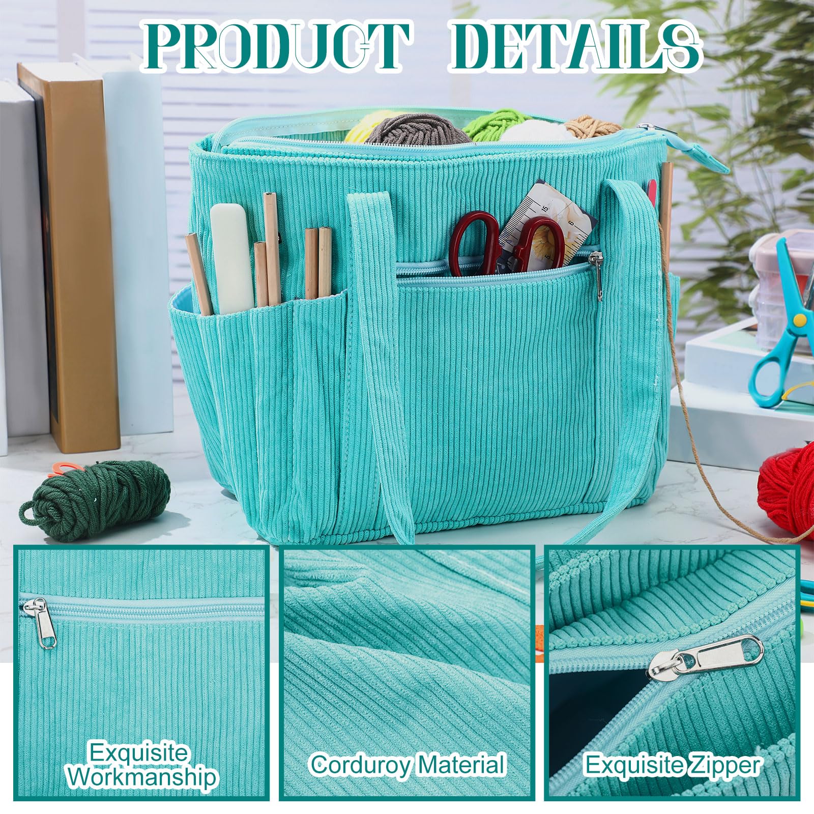 Cosblank Crochet Bag Tote Yarn Knitting Bag Corduroy Teal Yarn Storage Organizer for Crocheting Project Skein Knitting Needles Crochet Hooks Accessories