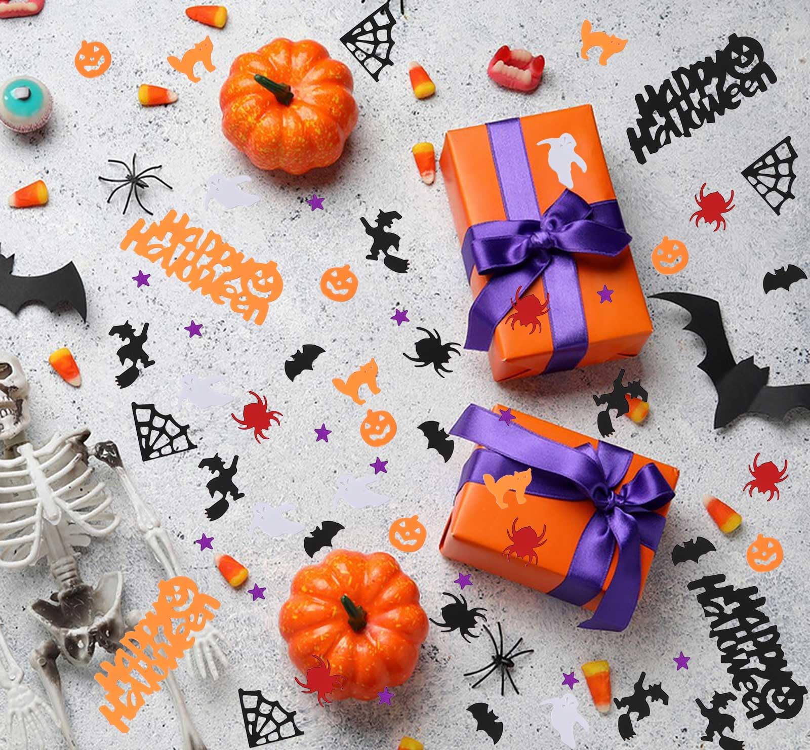 Halloween Party Table Scatter Confetti, 60g Pumpkin Spider Webs Bat Foil Metallic Confetti Party Table Decoration Halloween Party Supplies (Happy Halloween)