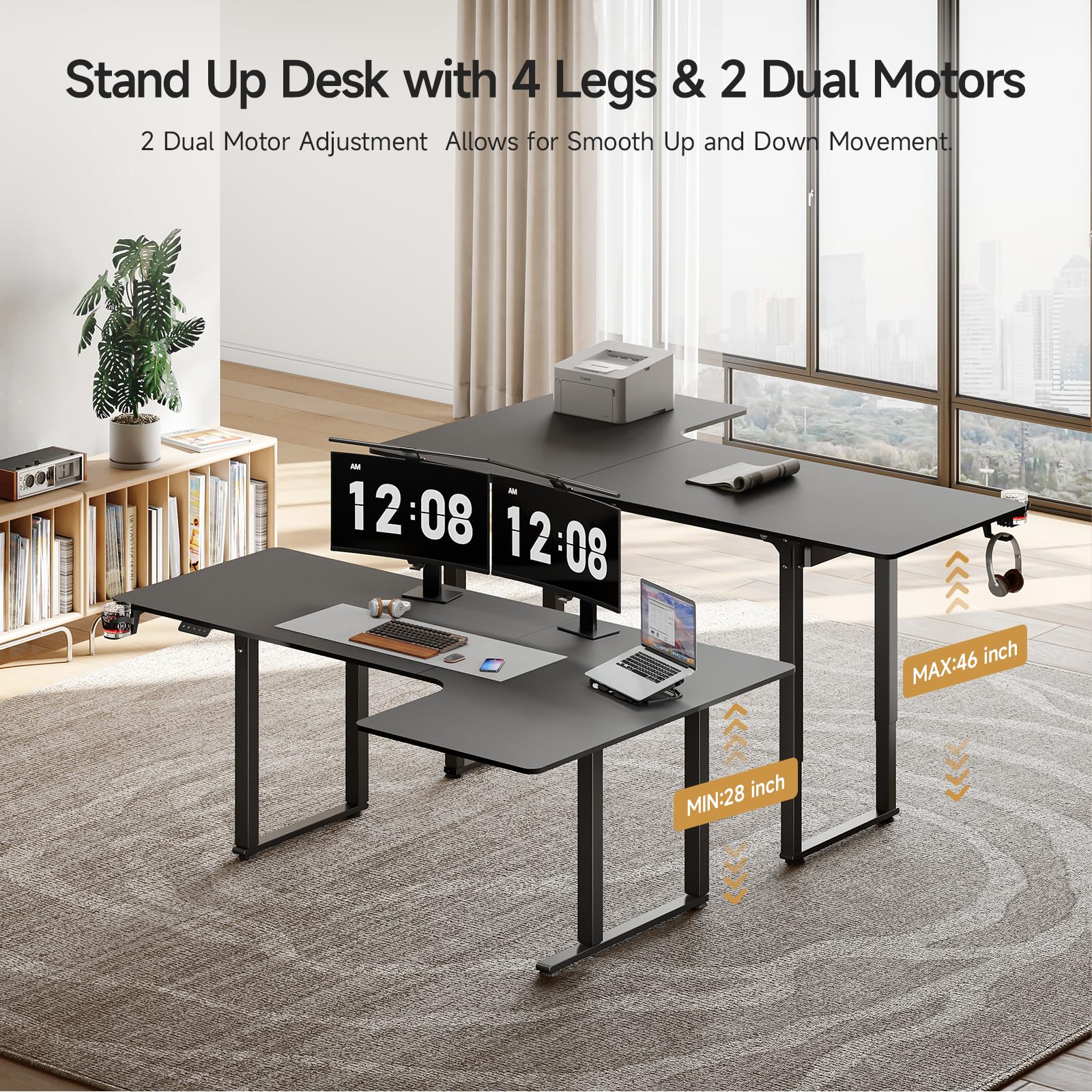 ONBRILL Standing Desk, 71x43 Inches L Shaped Desk with 4 Legs, Dual Motor and Memory Controller, Electric Stand Up Desk Adjustable Height from 28-46 Inches for Computer Workstation