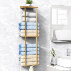 liuoud towel rack for bathroom, wall mounted bath towel holder storage organizer for rolled towels, vertical towel rack with shelf can holds up 6 large bath towel, gold