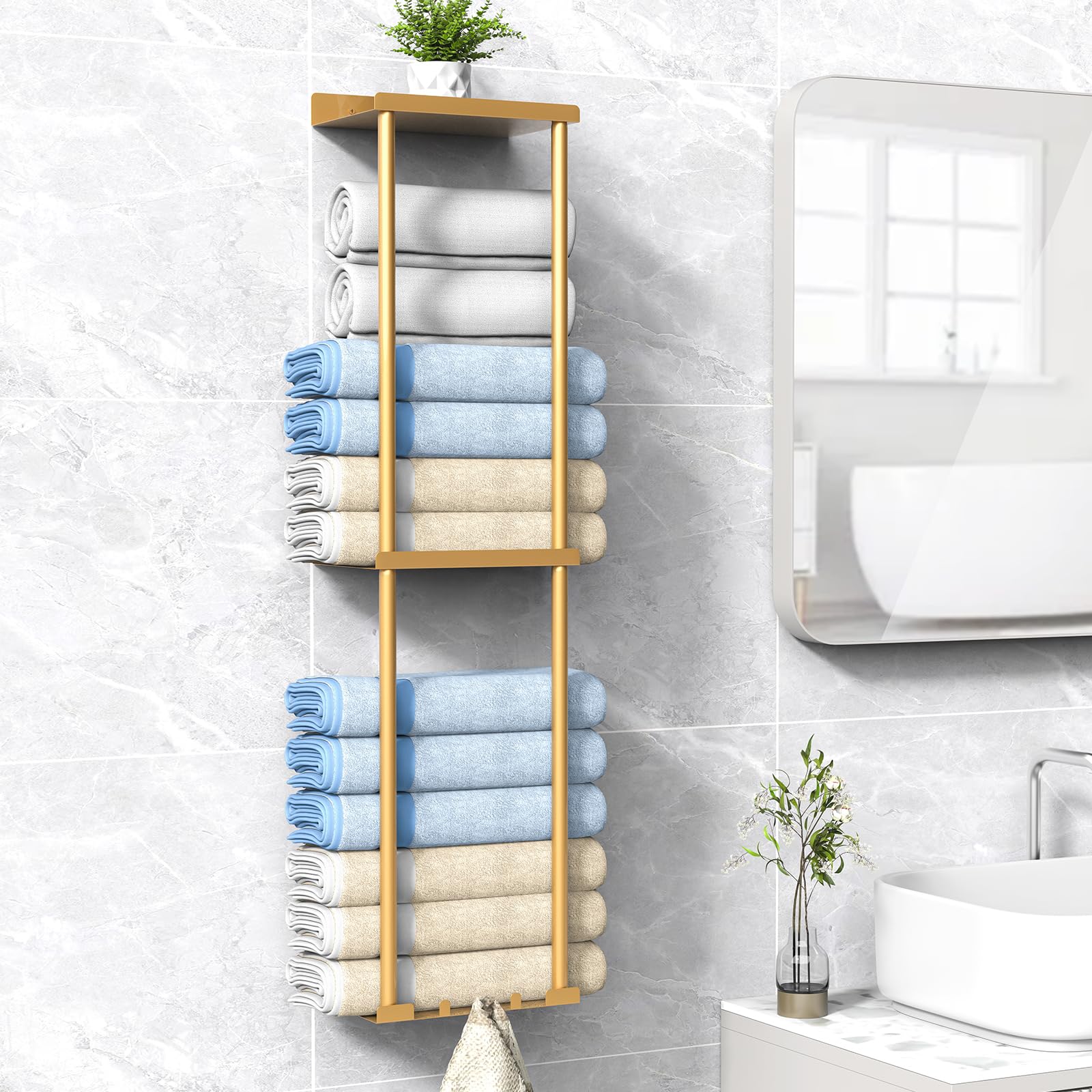 Liuoud Towel Rack for Bathroom, Wall Mounted Bath Towel Holder Storage Organizer for Rolled Towels, Vertical Towel Rack with Shelf Can Holds Up 6 Large Bath Towel, Gold