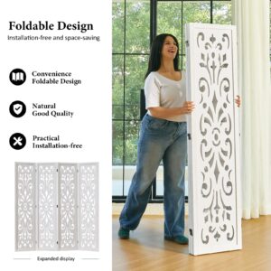 5.6Ft Room Divider Folding Wood Classical Carved Partition Screen for Home Office Garden - 4 Panels (White)