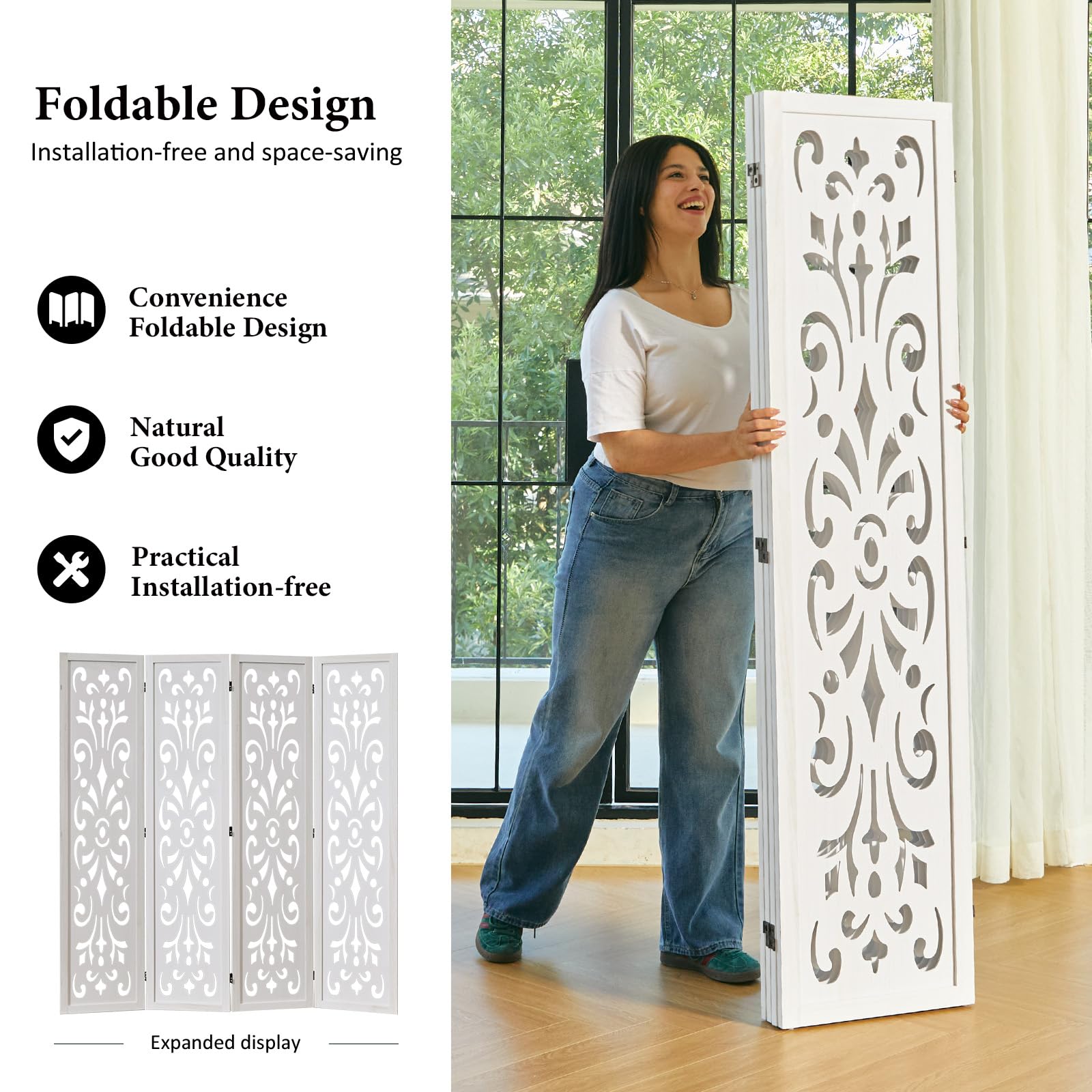 5.6Ft Room Divider Folding Wood Classical Carved Partition Screen for Home Office Garden - 4 Panels (White)