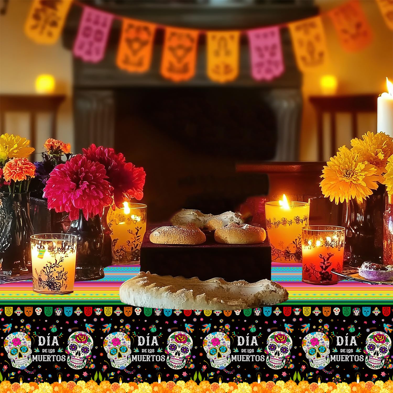 MEHOFOND 3pcs Day of The Dead Tablecloth Dia De Los Muertos Table Cover Sugar Skull Floral Table Cover Mexican Fiesta Plastic Tablecloth for Halloween Mexican Fiesta Party Supplies, 54 x 108 Inch