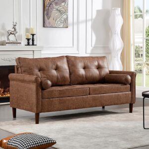 geevivo loveseat sofa, mid-century modern small couch, pu leather comfy love seat sofa, upholstered mini sofa with back cushions rolled armrest for living room, bedroom, office apartment, small space