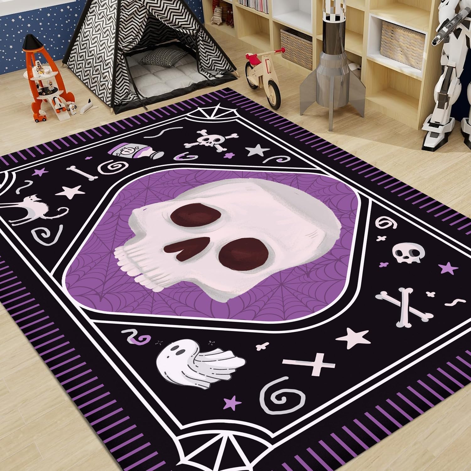 USHIRUG Halloween Area Rug, 3x5ft, Gothic Purple Cartoon Skull Ghost Non-Slip Living Room Rug, Cute Cartoon Halloween Theme Home Decoration for Boys Girls Bedroom Playroom Kids Room Floor Mat